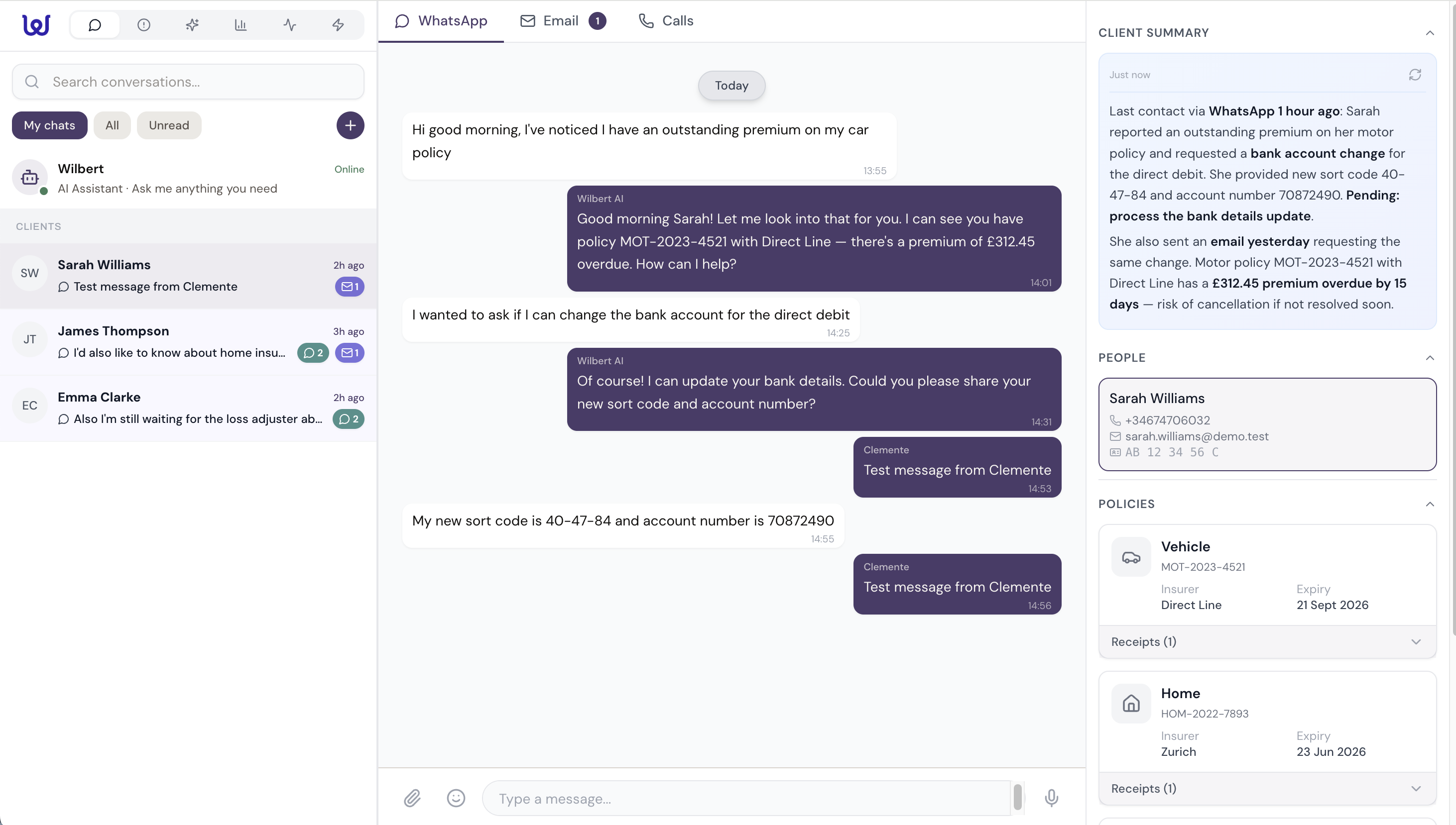 Sarah Williams conversation with AI-generated Client Summary: bank account change request, £312.45 premium overdue 15 days, risk of cancellation